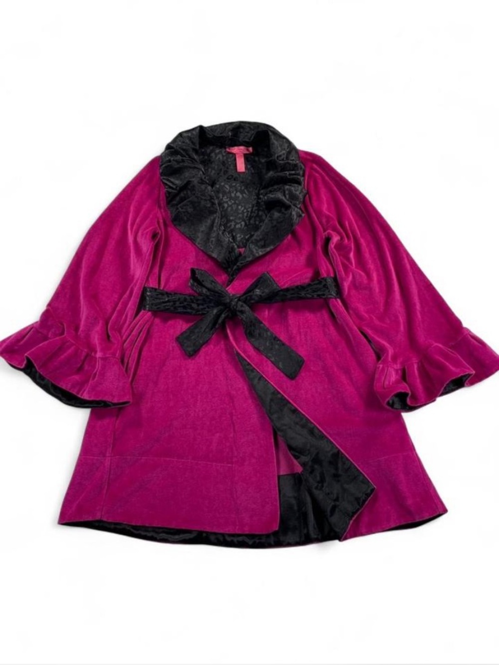 Betsey Johnson Intimates Fuchsia Velvet Robe with Black Leopard Jacquard Trim S
